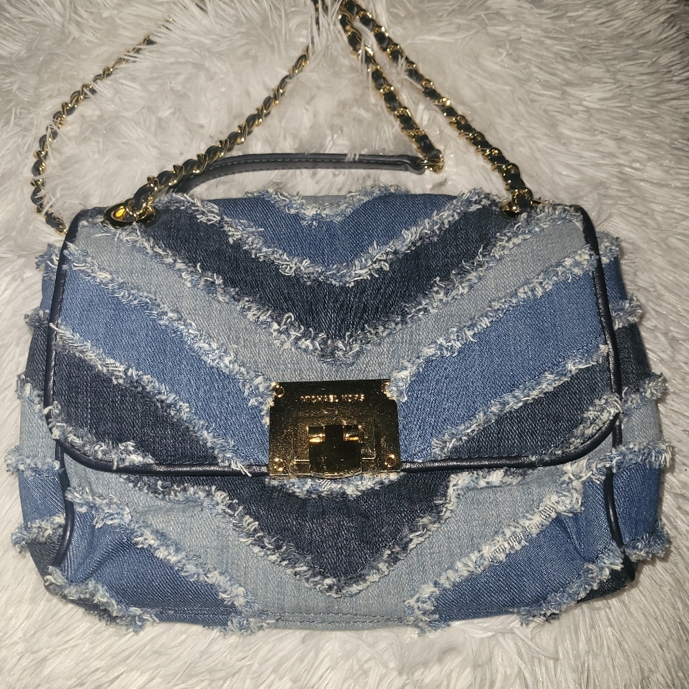 Michael Kors Blue and Gold Crossbody Bag with Chain Strap